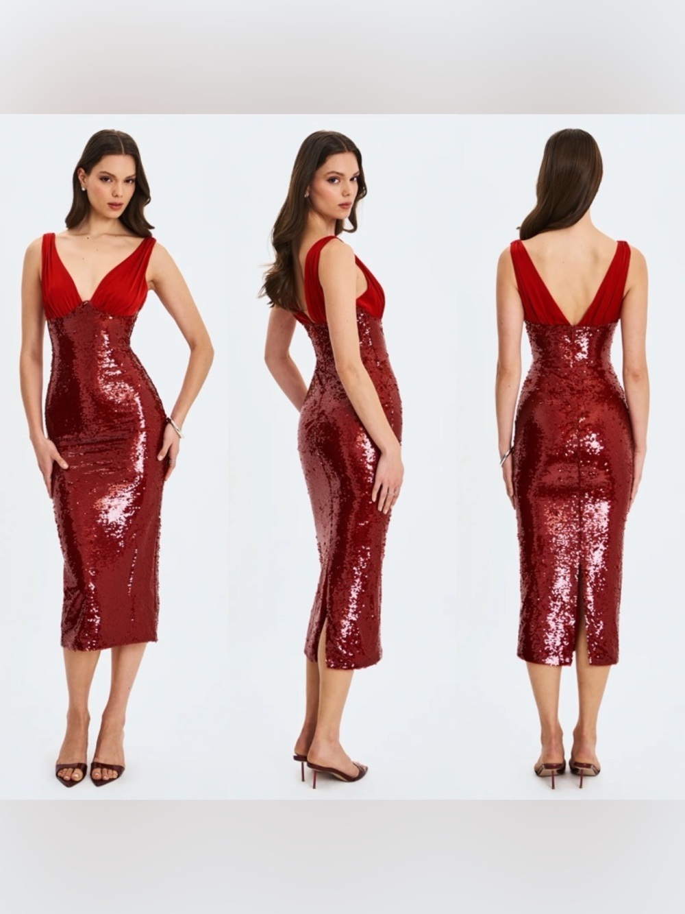 NEW! Miss Circle- Shanelle Crimson Red Sequin Plunging Midi Dress Size Small